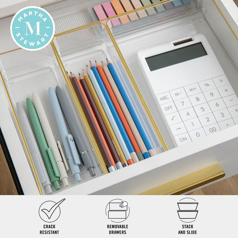 Martha Stewart Kerry Plastic Stackable Office Desk Drawer Organizers, Set of 5 with Gold Trim