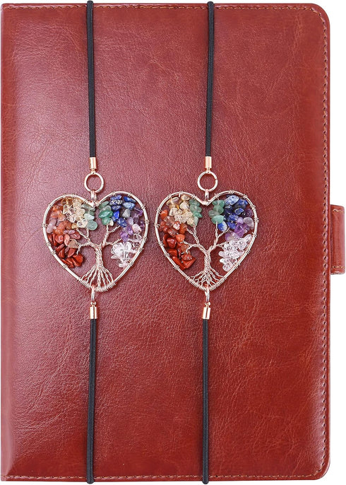 Yoption 2 Pack Tree of Life Elastic Bookmark, Rose Golden Heart Shape Vintage Bookmarks with 7 Chakra Crystals Pendant