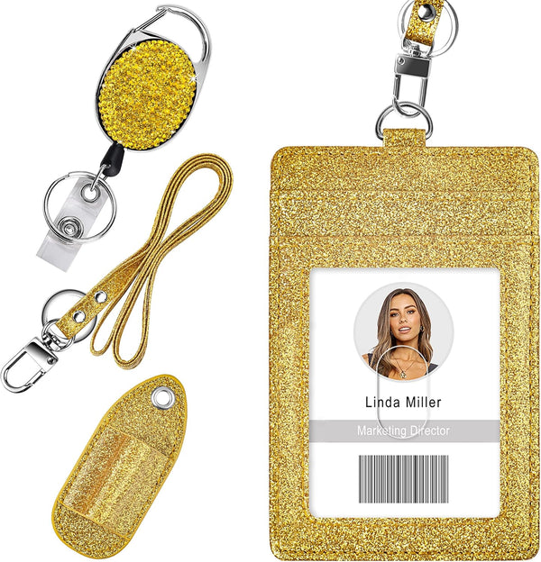 Retractable ID Badge Holder, Bling Rhinestone Badge Reel with Belt Clip, Shiny PU Leather Holder for Nurse, Teacher