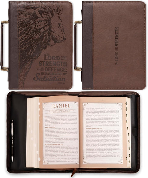 Christian Art Gifts Men's Classic Bible Cover, The Lord is My Strength Lion Exodus 15:2, Brown Faux Leather, Large Size