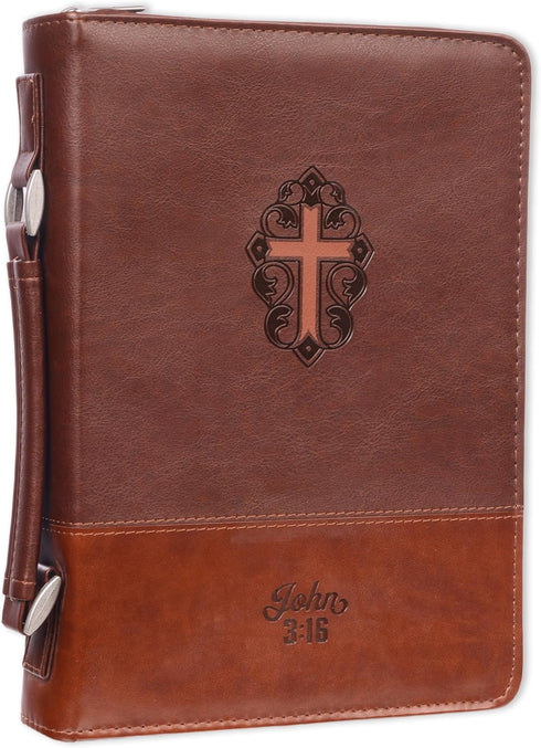 Christian Art Gifts Men's Classic Bible Cover – Cross John 3:16, Brown Faux Leather, Large