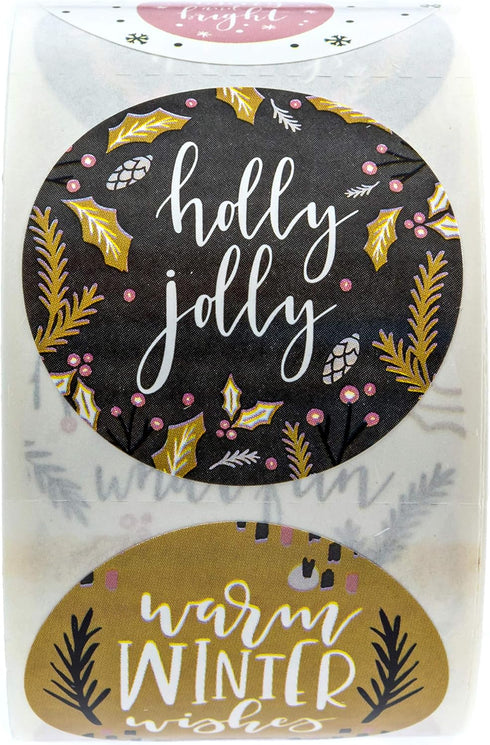 Grey Mustard Pink Christmas Stickers, 500 Modern Holiday Labels, 1.5" Winter Envelope Seals with 8 Festive Designs