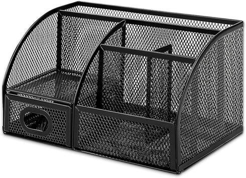 Black Mesh Pen Holder and Organizer with 7 Compartments, Metal Desktop Organizer with Drawer, 9.1" x 5.9" x 5.5''