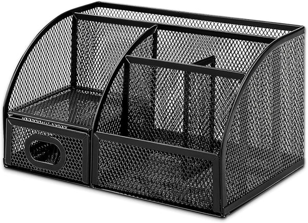 Black Mesh Pen Holder and Organizer with 7 Compartments, Metal Desktop Organizer with Drawer, 9.1" x 5.9" x 5.5''