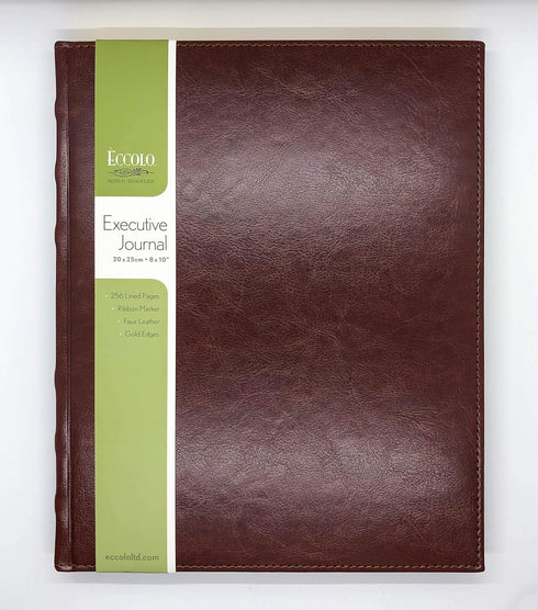 Eccolo Lined Executive Journal Notebook, Gold Edges, 256 Pages, Acid-Free Paper, Hard Cover, Brown, 8 x 10 inches