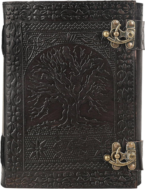 TUZECH Large Leather Journal, 600 Pages, Embossed Tree of Life, 7 x 10, Black, Writing Notebook