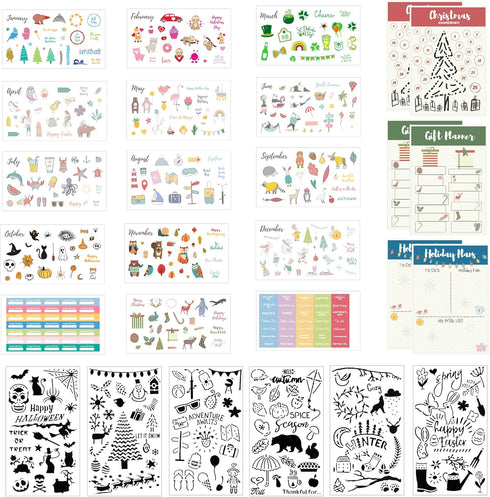 Seasons & Holidays Planner Stickers & Stencils, 22 Sheets Cute Stickers and 6 Stencils for Journals Scrapbooks