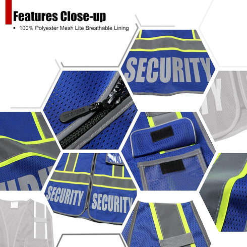 Retro-Reflection Heavy Duty Security Safety Vests, Blue Mesh with 5 Pockets, ANSI/ISEA 107-2015