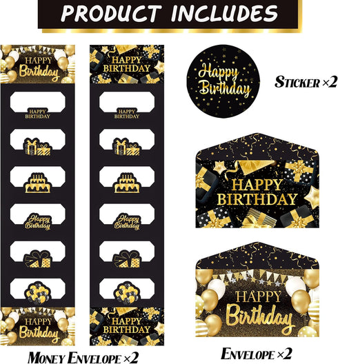 LUCKYQUBE 2pcs Happy Birthday Party Money Envelope for Cash Black Gold Birthday Party Cash Gifts Surprise Money or Gift