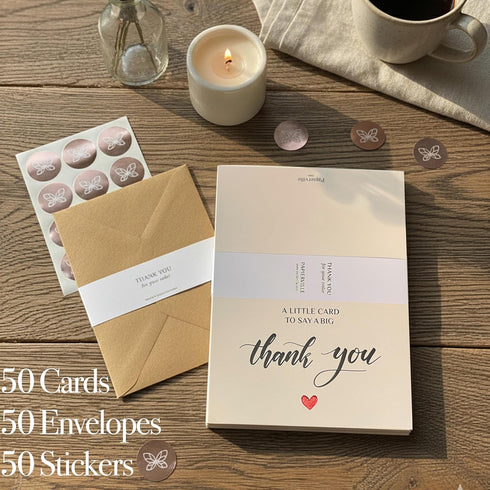 Papierville 50 4x6, Embossed Thank You Cards with Envelopes & Stickers Ivory Folded Notecards Elegant Textured
