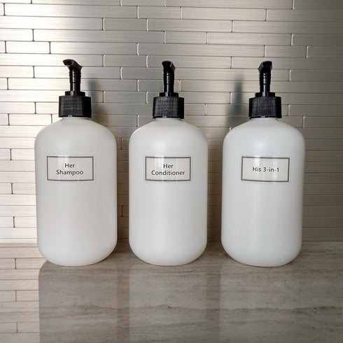 Plastic Bottles with Black Pumps + Customized Waterproof Labels - 16 oz. Squat Boston Round 3-Pack, White