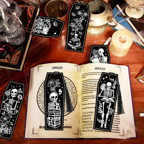 Haooryx Halloween Skeleton Coffin Bookmarks, 60Pcs Gothic Double-Sided Bookmarks with Black Tassels