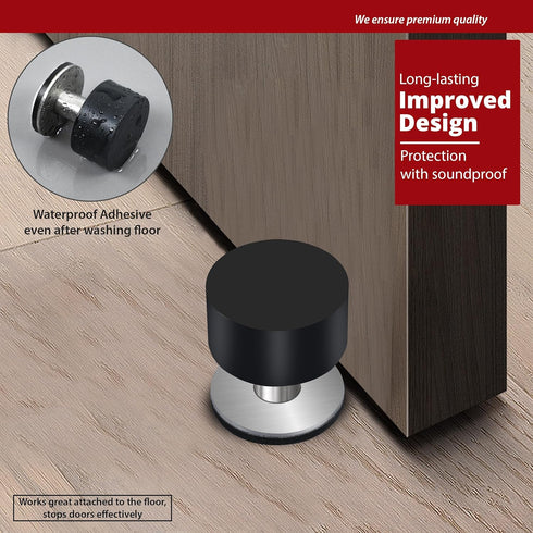 Door Stopper with Extra Sticker - Self-Adhesive Door Stop with Black Rubber Bumper & Stainless Steel Body