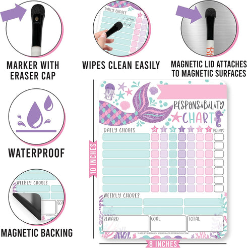 Magnetic Chore Chart for Kids - Mermaid Good Behavior Chart, Dry Erase Daily & Weekly Responsibility List at Home