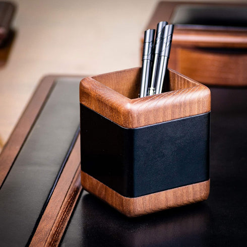 Dacasso Walnut and Leather Luxury Cup Storage & Office Accessories, Elegant Pen Organizer, Black