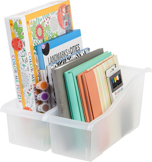 IRIS USA Plastic Connecting Book Bin and Paper Storage Container, 15" x 6", 8-Pack for Office Classroom, Clear