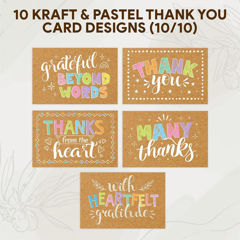 60 Pack 6x4in 10 Decorably Rustic Thank You Cards Bulk with Envelopes & Stickers, Folded Cute Kraft & Pastel Designs