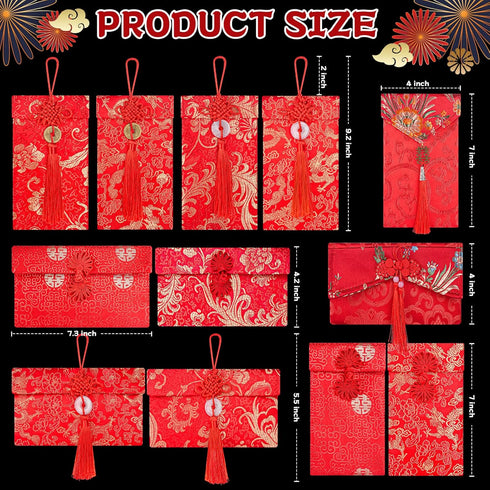 Silk Wedding Red Envelopes 12 Pcs for Lucky Money, Chinese New Year Red Packets for 2024 Spring Festival