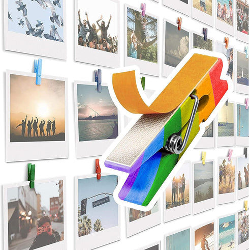 Mini Self Adhesive Clips for Pictures, 20 Pack, Mixed Colors Wood Clip Holders for Wall & Artwork