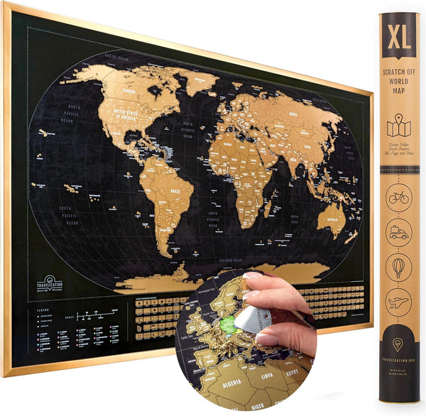 XL Scratch Off World Map 36" x 24" with 196 Country Flags - Vibrant Colors, Premium Gold Coating