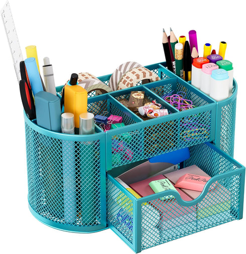 EasyPAG Mesh Desk Organizer, Multi-functional Stationery Holder for School Supplies, 9 Compartments, Blue