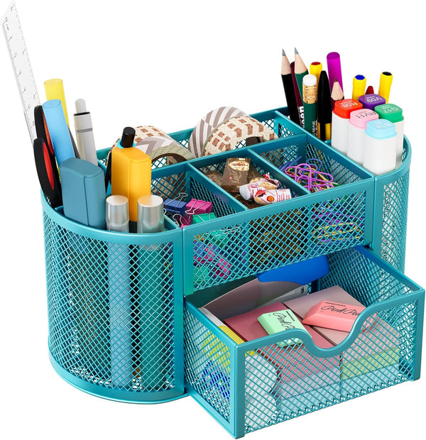 EasyPAG Mesh Desk Organizer, Multi-functional Stationery Holder for School Supplies, 9 Compartments, Blue