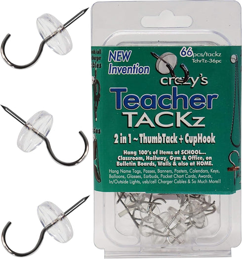 Teacher TACKz 66 Tacks, School Supplies for Teacher's Classroom, 2 in 1 Push Pin Hook Tack for Banners and Signs