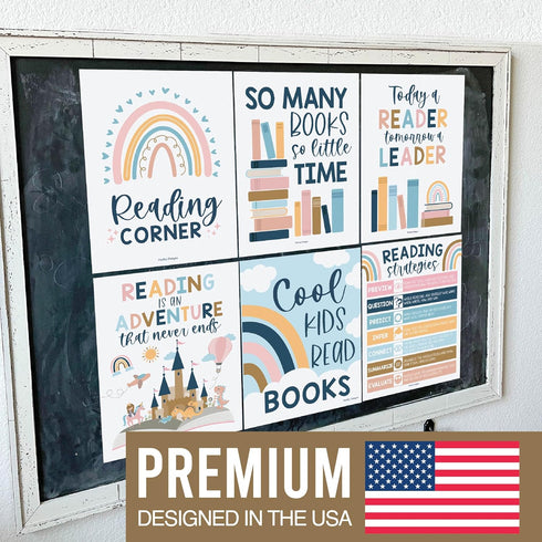 Hadley Designs 6 Reading Strategies Motivational Posters for Classroom, Boho Wall Decor, Read Corner Library Sign