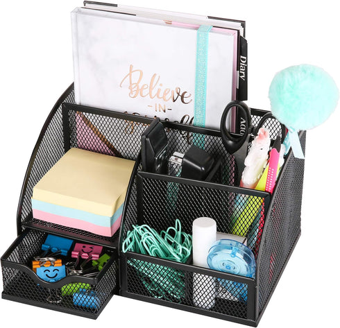 Exerz Desk Organizer Black Office Supplies, Desktop Pencil Pen Holder with Drawer for Home Workspace Storage