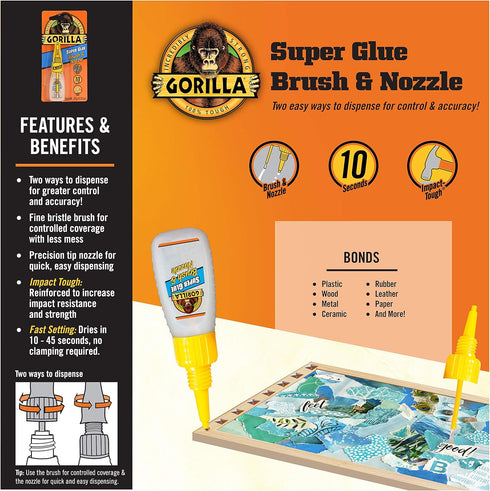 Gorilla Super Glue with Brush & Nozzle Applicator - 10 Gram, Clear, (Pack of 3)