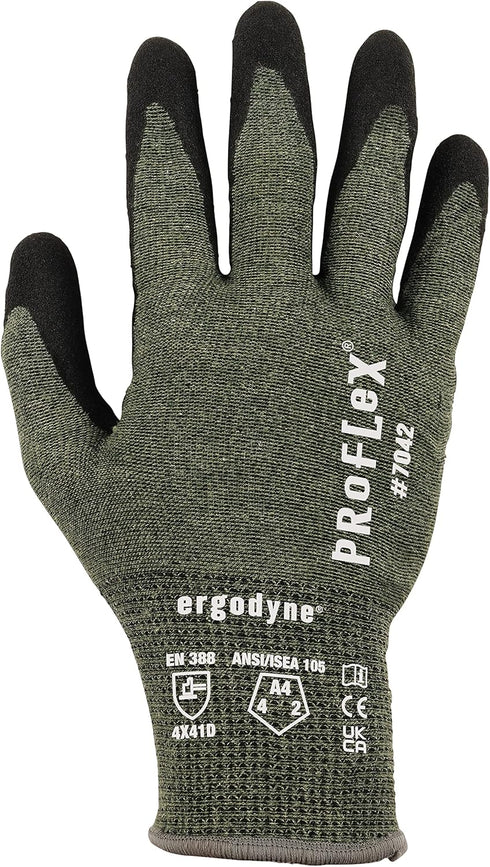 Ergodyne ProFlex 7042 Cut Resistant Work Gloves, ANSI A4, Green, Contact Heat Resistant Sandy Nitrile Coated Palms
