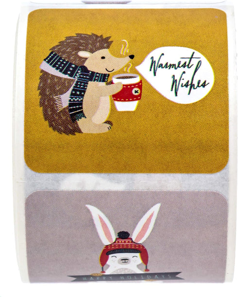 Woodland Animals Christmas Stickers / 250 Labels / 1.5" x 1.5" Square Envelope Seals / 6 Festive Designs / Made in The