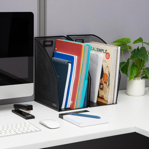 Mind Reader Vertical File Storage Set of 2, Metal Mesh Desktop Organizer, 6.25" L x 10" W x 12.5" H, Black