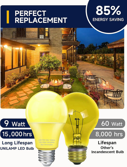 Yellow LED Bug Light Bulbs, A19 Outdoor Yellow Bug Light, 9W Equivalent 60W, E26 Base, Non-Dimmable, 4 Pack