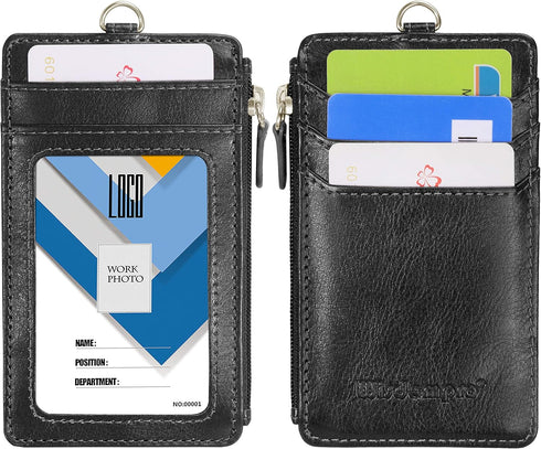 Wisdompro Badge Holder with Zipper, 2-Sided PU Leather College ID Holder, 1 ID Window, 4 Card Slots, Black
