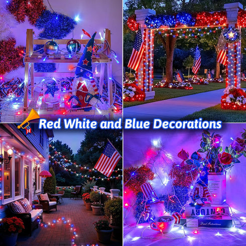 FFZZKJ 4th 100 33ft 2-Pack Red White and Blue Lights String for of July Decorations Outdoor Total LED for Memorial Day