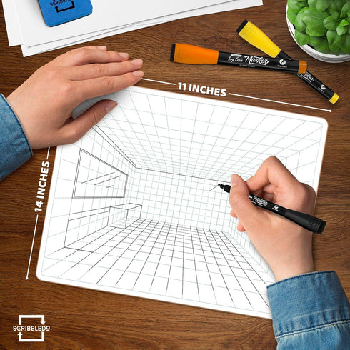 SCRIBBLEDO 1 Point Perspective Grid 11”x14” Large Graph Dry Erase Board Double-Sided White Board Drawing Grid Lines Graphing Charts Whiteboard for Home School Classroom Teachers and Students by Scribbledo