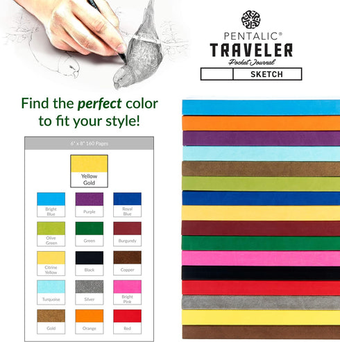 Pentalic Art Traveler Pocket Journal Sketch Book, 6" x 8", Yellow Gold