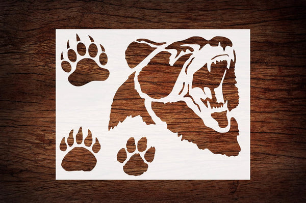 Reusable Grizzly Bear & Paw Print Stencil 11" x 8.5" - Custom Wildlife Design for Nature-Inspired Crafts