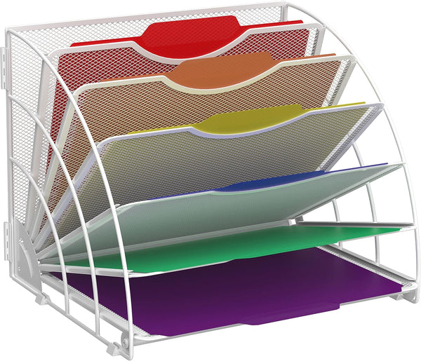 SUPEASY Fan Shaped Desk File Organizer, White, 6 Compartments for Filing Paper, Desk Accessories, School, Office
