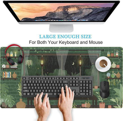 Cute Rainy Night Desk Mat, Green Plants Desk Pad, Anime Black Cat Kawaii Large Gaming Mouse Pad, Aesthetic XXL for Women
