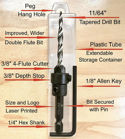 Adjustable Wood Countersink Drill Bit #8 (11/64") with Tapered Drill Bit for Woodworking