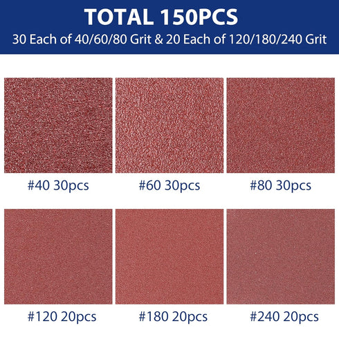 WORKPRO 150PCS Triangle Sanding Pads, 3-1/8 Inch Hook and Loop for Oscillating Multi Tool, 40/60/80/120/180/240 Grit