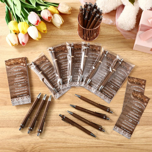 Spakon 72 Sets Rustic Baby Shower Pens Favors with 72 Bamboo Ballpoint Pens & Thank You Bookmarks for Guests