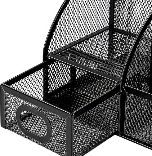 Black Mesh Pen Holder and Organizer Office Supplies with 7 Compartments, Desktop Organizer with Drawer, Metal Pen Holder for Desk, ?9.1" x 5.9" x 5.5'' by Rkqoa
