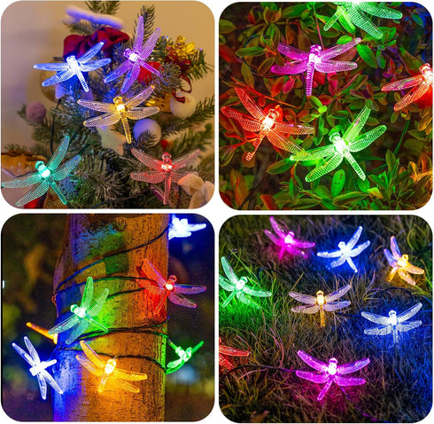25.9 8 20 FT Dragonfly Solar String Lights, Modes Waterproof Multicolor Lights Outdoor, LED Solar Powered Dragonflies