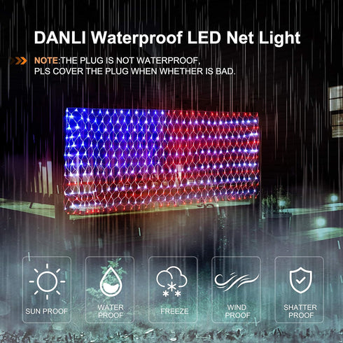420 8 4th DANLI Solar Powered American Flag Light, Waterproof LED String Lights with Remote, US Flag with Plug, Modes