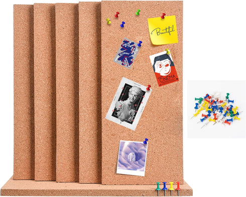 SUNGIFT Cork Bulletin Board 1/2" Thick 6 Pack Frameless Cork Tiles 17 x 8 Inch with 50 PCS Pushpins