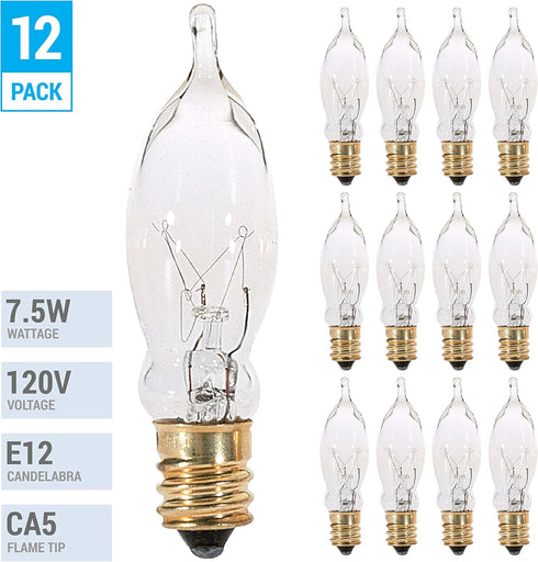 (12 Pack) 7.5CFC/15/3 7.5W 120 Bulb, CA5 E12 40 Dimmable. KOR Volt, Flame Candelabra Tip Chandelier Clear Incandescent