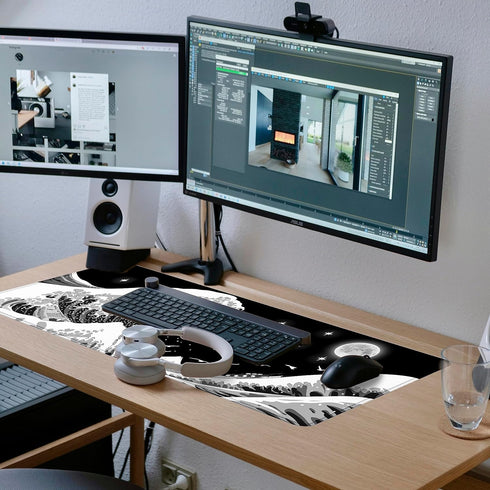 Gaming Mouse Pad, Japanese Black and White Sea Wave Large XXL Extended Desk Mat, 31.06" x 11.8" for Home Office Gaming